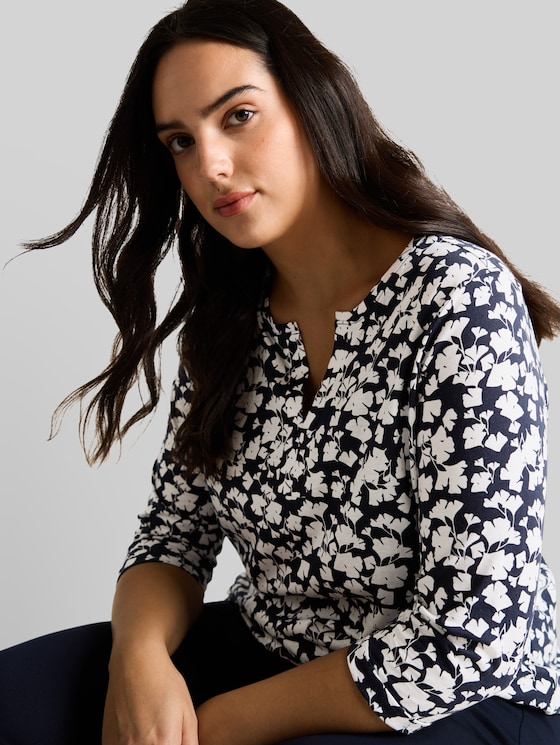 Plus Size - long-sleeved shirt with pattern - blue ginkgo minimal