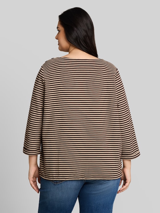 Plus Size - long-sleeved T-shirt with button detailing - dark brown beige stripe