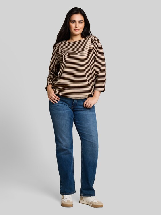 Plus Size - long-sleeved T-shirt with button detailing - dark brown beige stripe