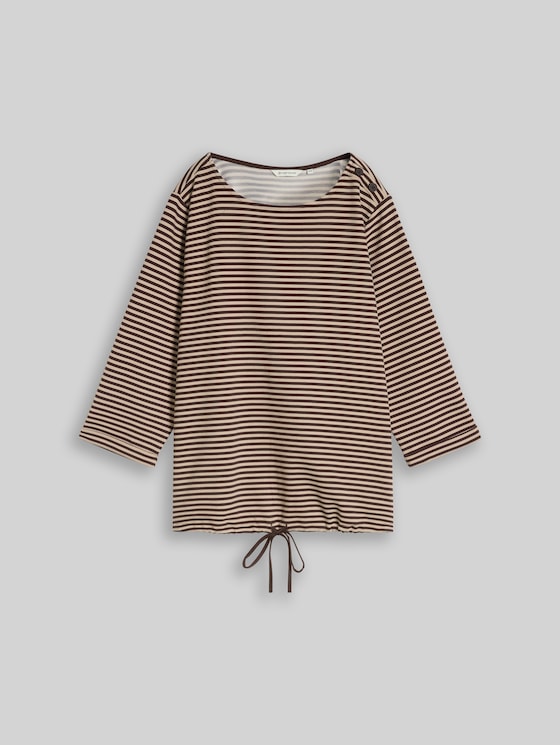 Plus Size - long-sleeved T-shirt with button detailing - dark brown beige stripe