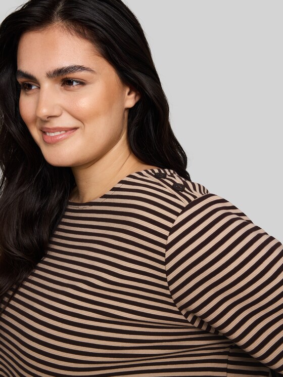 Plus Size - long-sleeved T-shirt with button detailing - dark brown beige stripe