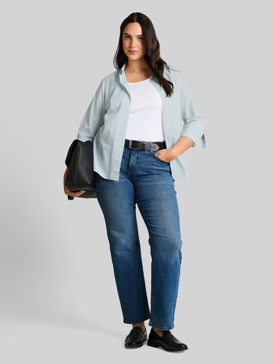 Plus Size - shirt blouse with striped pattern - blue haze white thin stripe