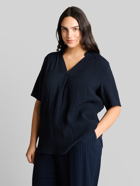Plus Size - crinkle blouse with V-neck - sky captain blue
