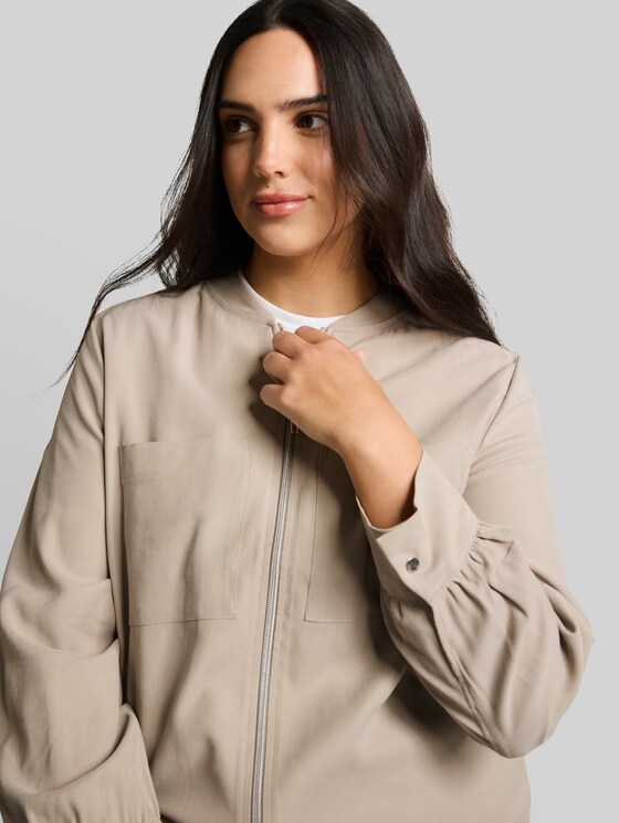 Plus Size - Loose fit bomber jacket with chest pockets - soft taupe grey