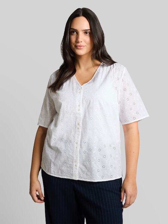 Plus Size - Blouse with eyelet embroidery - White