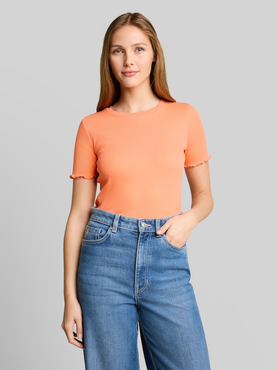 Slim-fit T-shirt with ribbed texture - bright coral