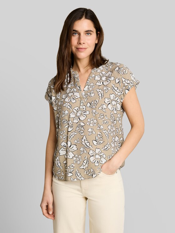 Loose-fit blouse with V-neck - olive big flower design