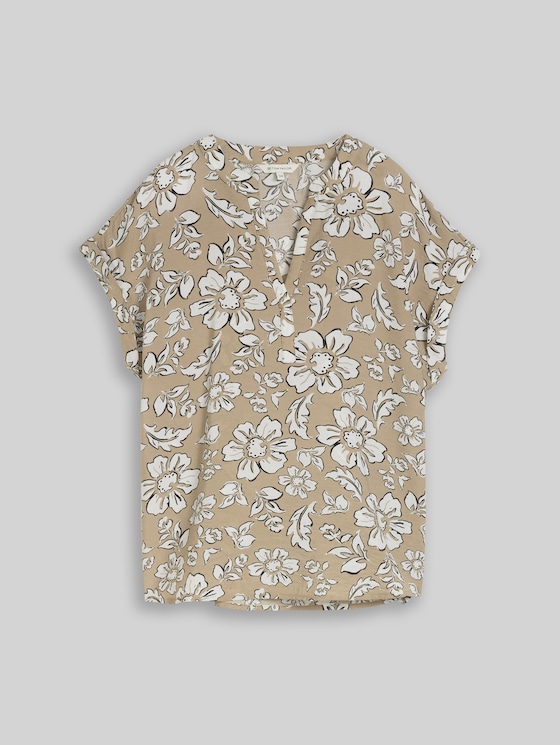 Loose-fit blouse with V-neck - olive big flower design