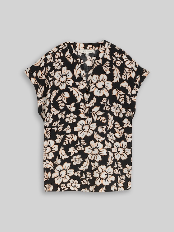 Loose-fit blouse with V-neck - black big flower design