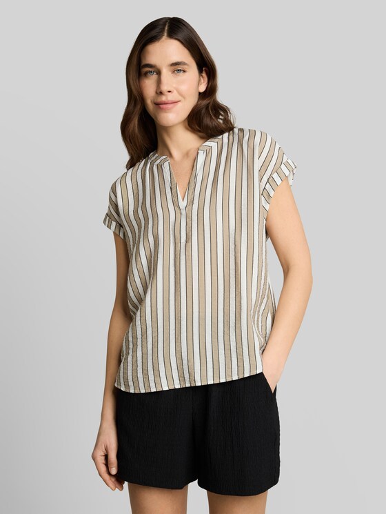 Loose-fit blouse with V-neck - olive white irregular stripe