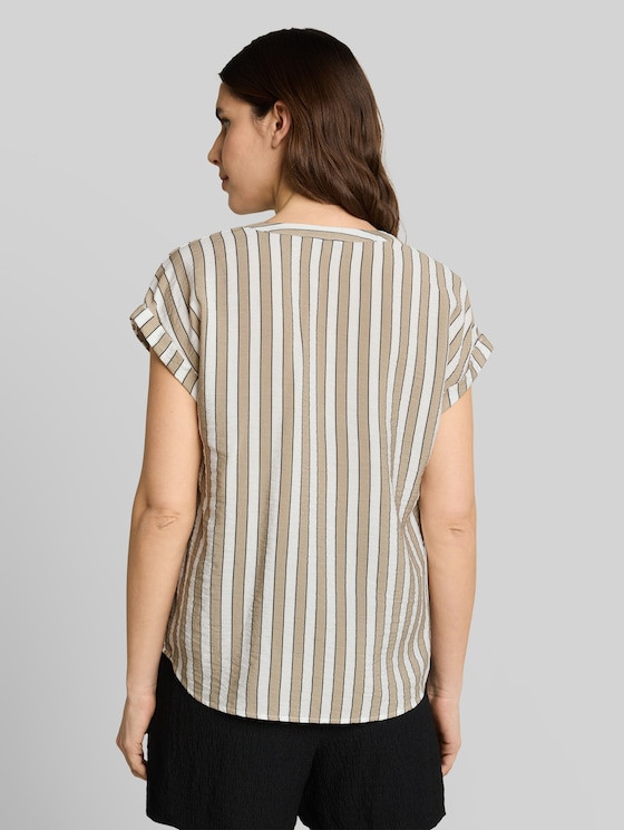 Loose-fit blouse with V-neck - olive white irregular stripe