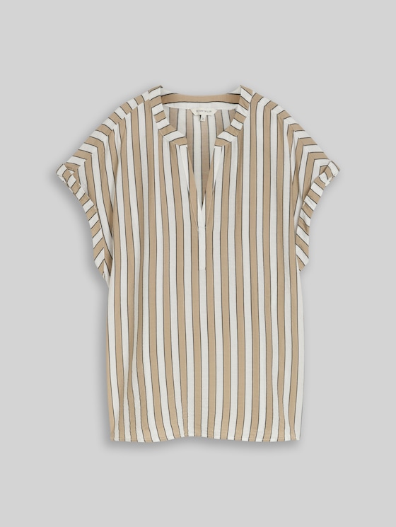 Loose-fit blouse with V-neck - olive white irregular stripe