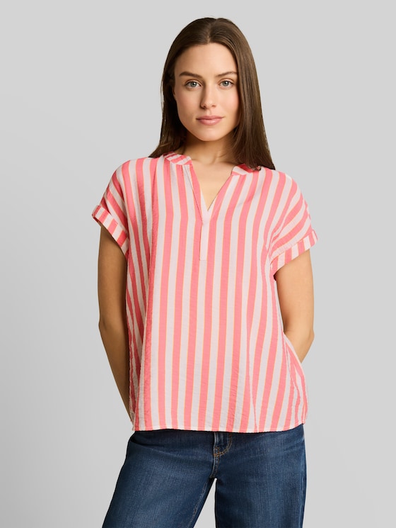 Loose-fit blouse with V-neck - pink white irregular stripe