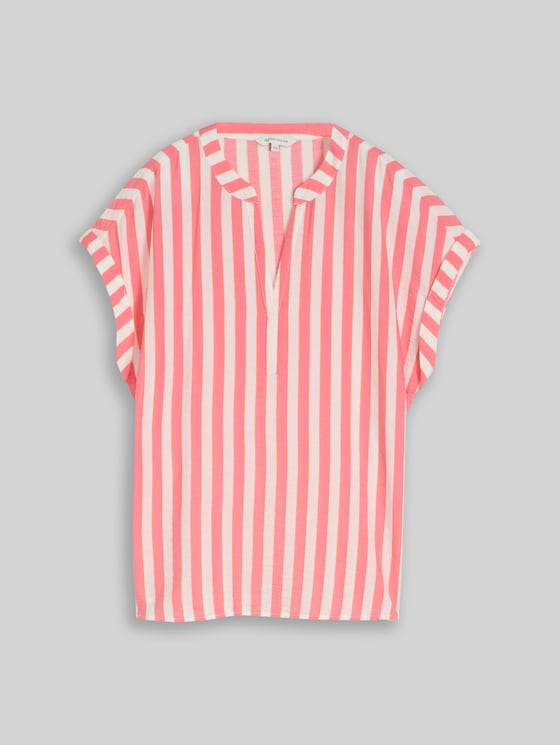 Loose-fit blouse with V-neck - pink white irregular stripe