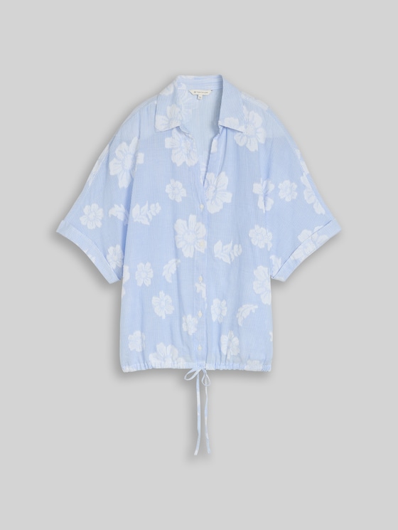 Oversized blouse with floral pattern - blue flower dobby