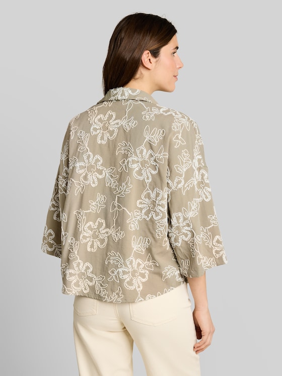 Oversized blouse with floral embroidery - olive white big flower design