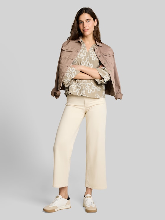 Oversized blouse with floral embroidery - olive white big flower design