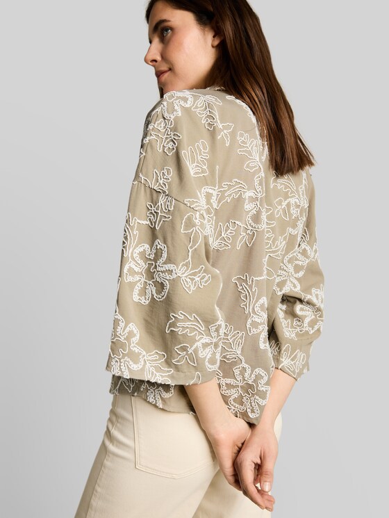 Oversized blouse with floral embroidery - olive white big flower design