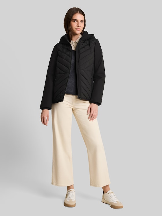 Hybrid quilted jacket with hood - deep black