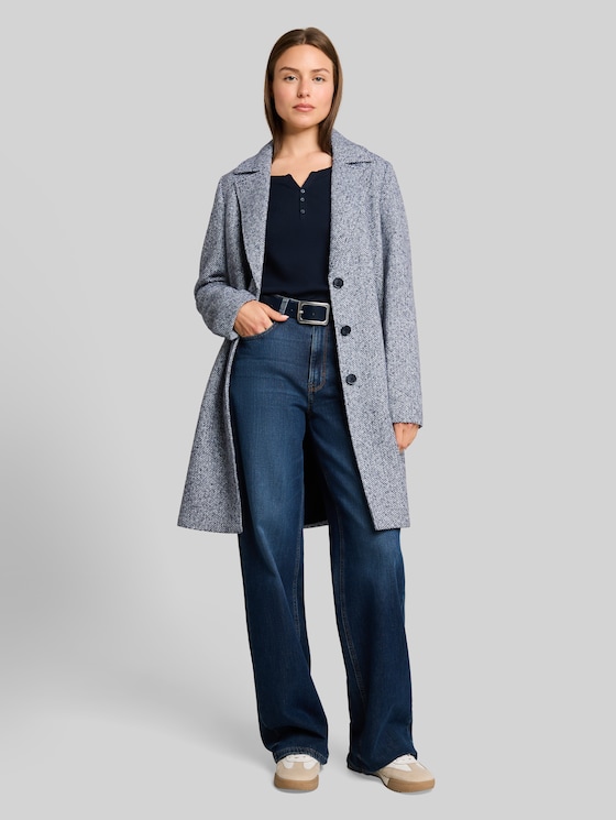 Bouclé coat with lapel collar - blue boucle structure