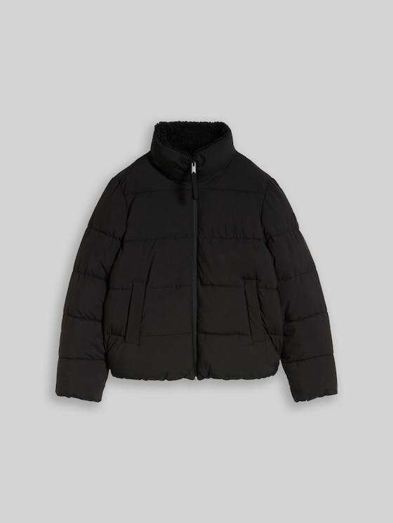 Puffer jacket with teddy collar - deep black
