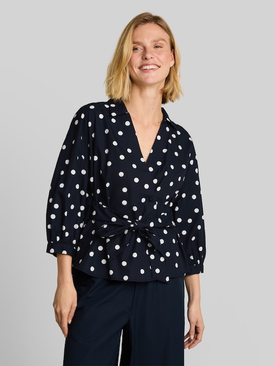 Loose-fit wrap blouse - navy big dot design