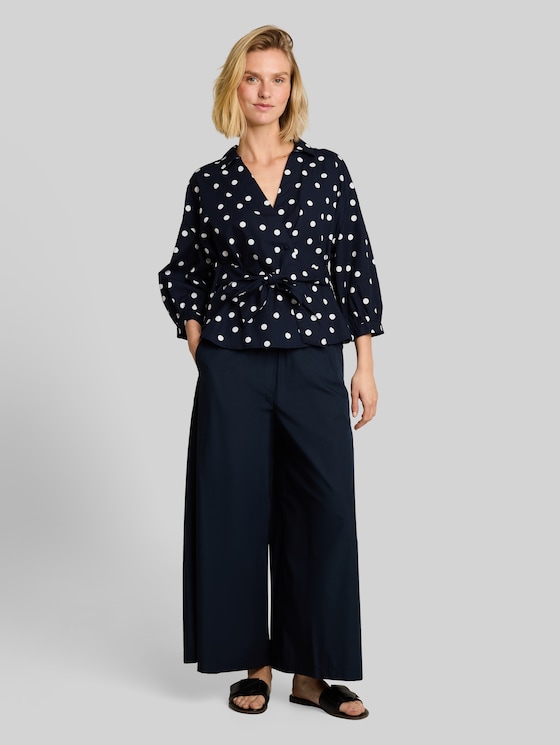 Loose-fit wrap blouse - navy big dot design