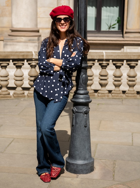 Loose-fit wrap blouse - navy big dot design