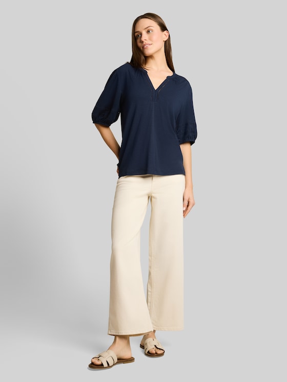 Blouse-style T-shirt with lace details - sky captain blue
