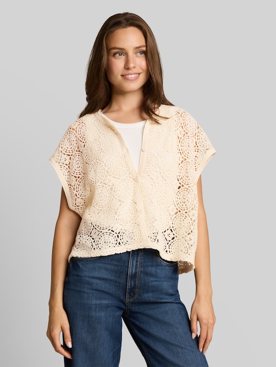 Crochet top with button placket - Dove White