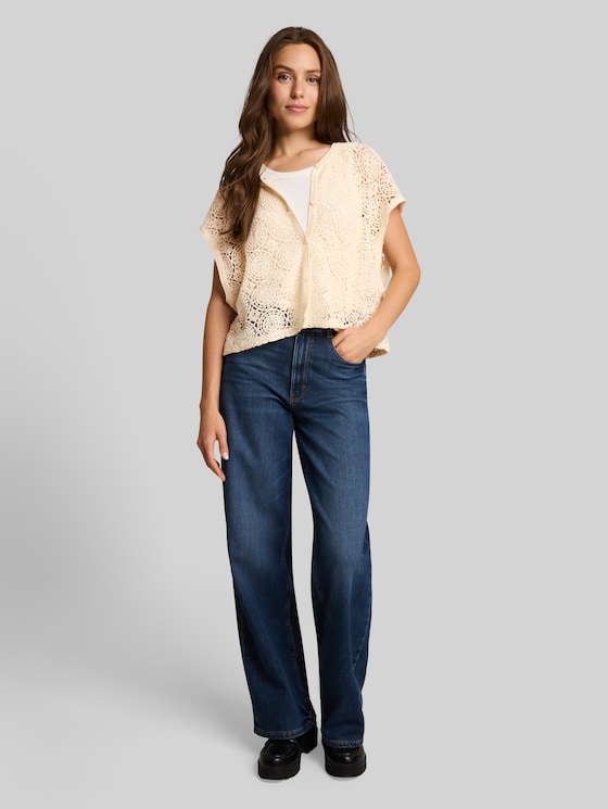 Crochet top with button placket - Dove White