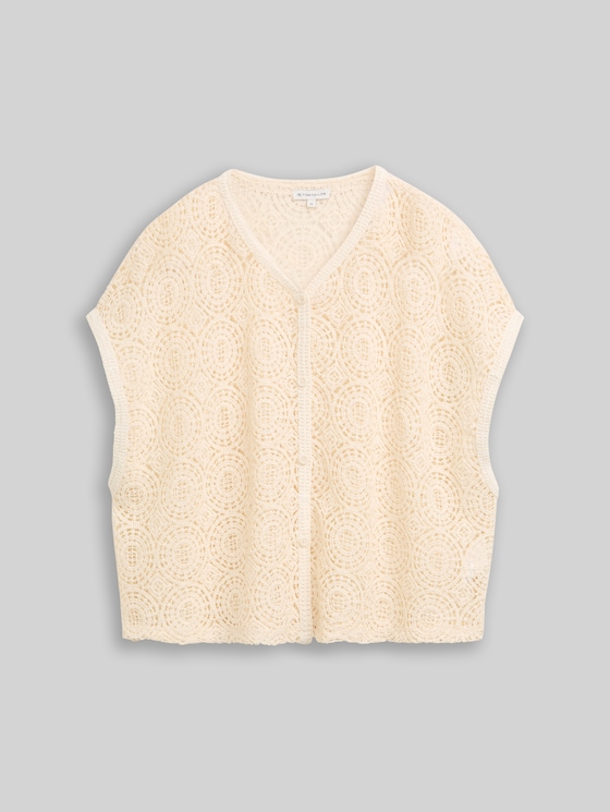 Crochet top with button placket - Dove White