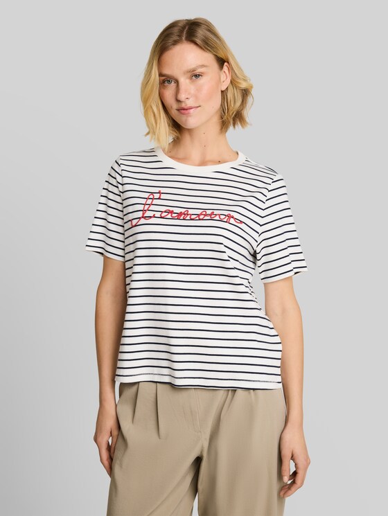 T-shirt with lettering - navy offwhite stripe