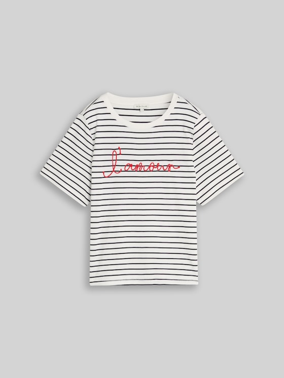 T-shirt with lettering - navy offwhite stripe