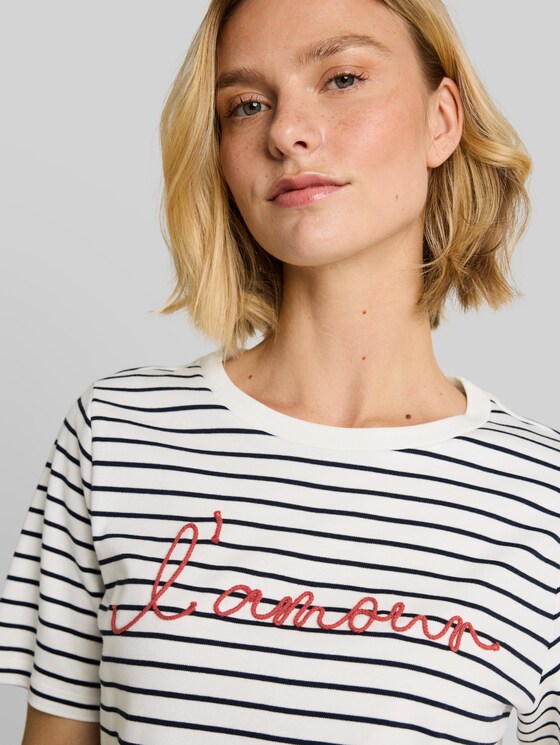 T-shirt with lettering - navy offwhite stripe