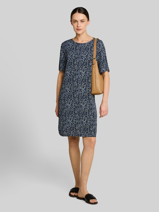Loose-fit dress with cut-out detail - navy small leaves design