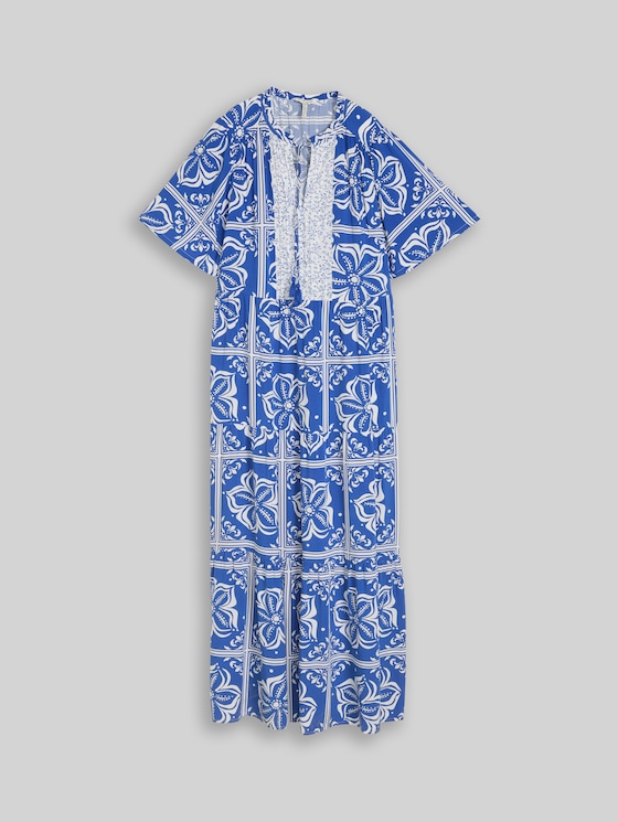 Loose-fit maxi dress with pattern - blue flower tile design