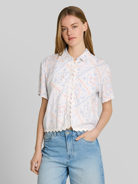Boxy-fit blouse with linen blend - white blue coral paisley print