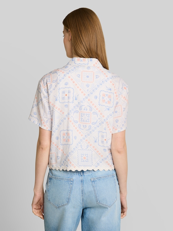 Boxy-fit blouse with linen blend - white blue coral paisley print