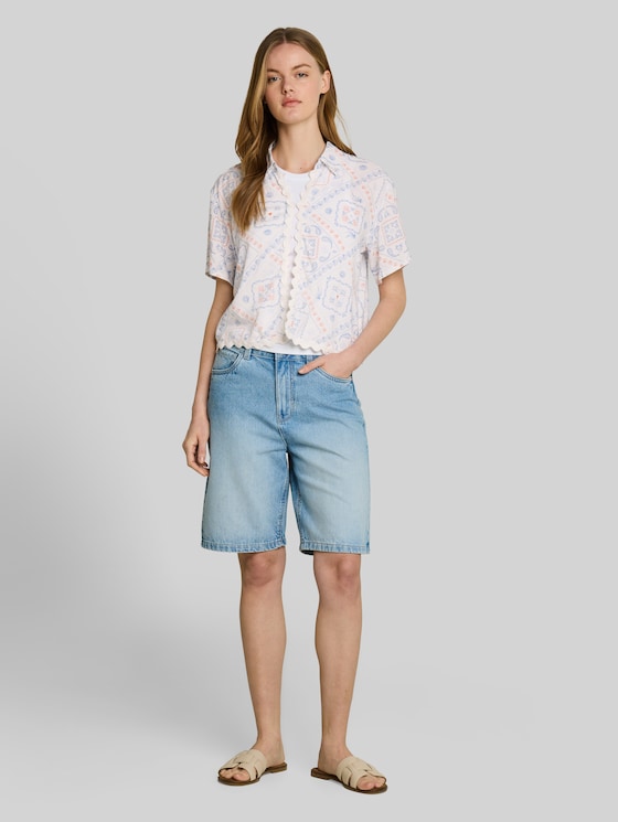 Boxy-fit blouse with linen blend - white blue coral paisley print