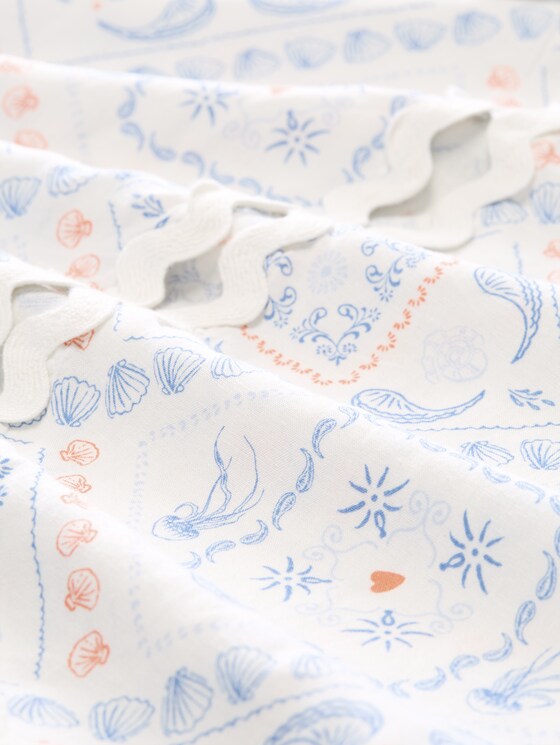 Boxy-fit blouse with linen blend - white blue coral paisley print