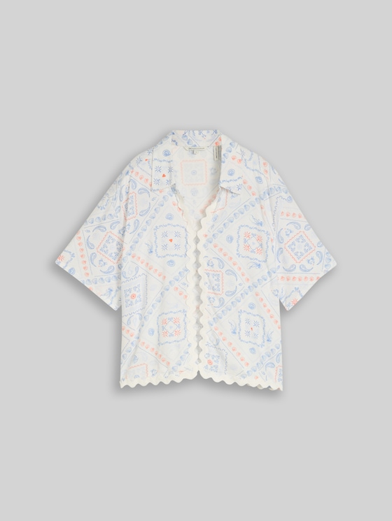 Boxy-fit blouse with linen blend - white blue coral paisley print