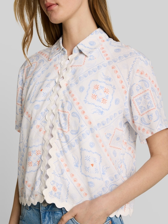 Boxy-fit blouse with linen blend - white blue coral paisley print