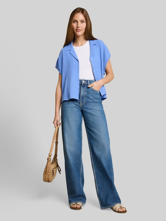 Seersucker resort shirt blouse - Bonnet Blue