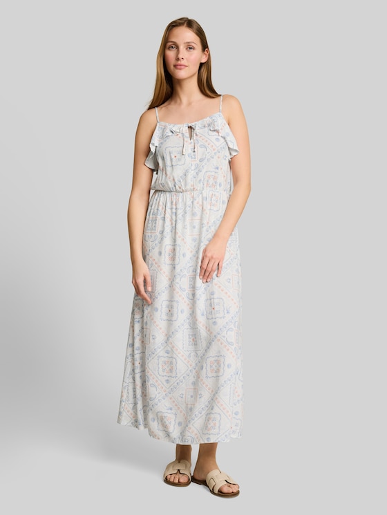 Midi dress with linen blend - white blue coral paisley print