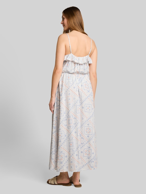 Midi dress with linen blend - white blue coral paisley print