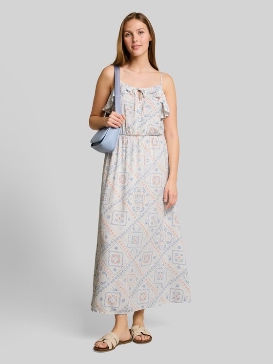 Midi dress with linen blend - white blue coral paisley print