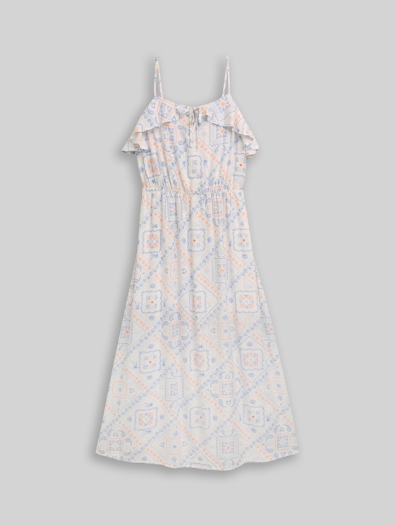 Midi dress with linen blend - white blue coral paisley print