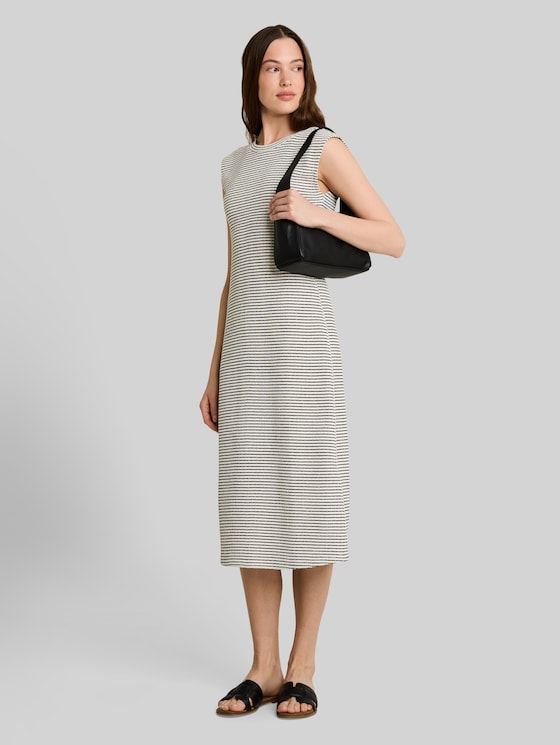 Midi dress with linen blend - white black knit stripe