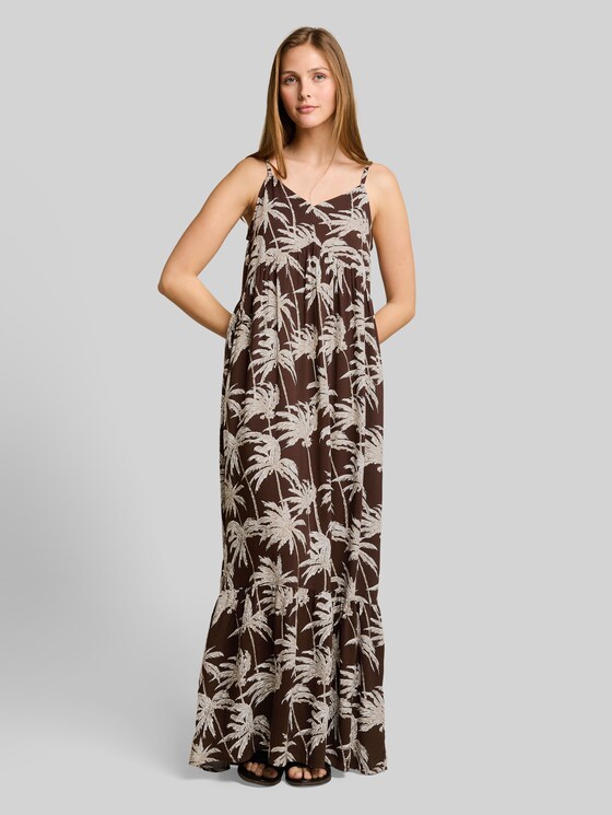 Maxi dress with flounces - brown palmtree print
